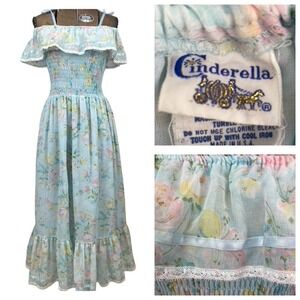Vintage Juniors (10) CINDERELLA Dress 70s Maxi Smocked Floral Fairy Cottage USA‎